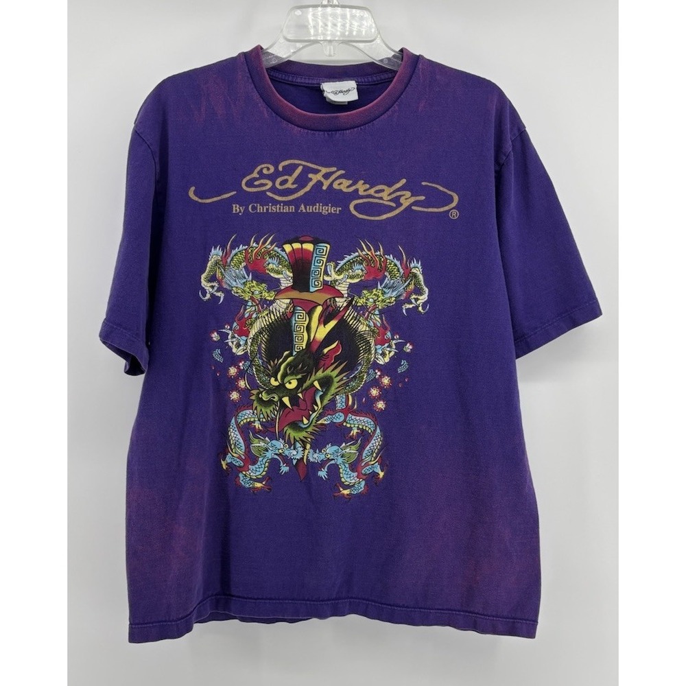 Ed Hardy x Christian Audigier t-shirt Mens XL, Purple w/Chinese Dragon *fading*